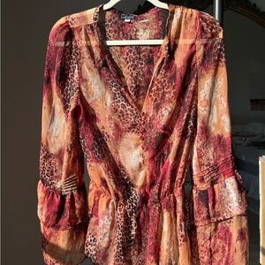 Leopard Print V-Neck Blouse - Red and Orange